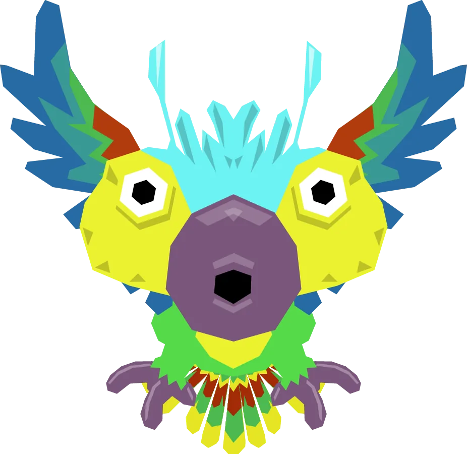 Yellow bird character with a purple beak, round eyes and blue wings, front view