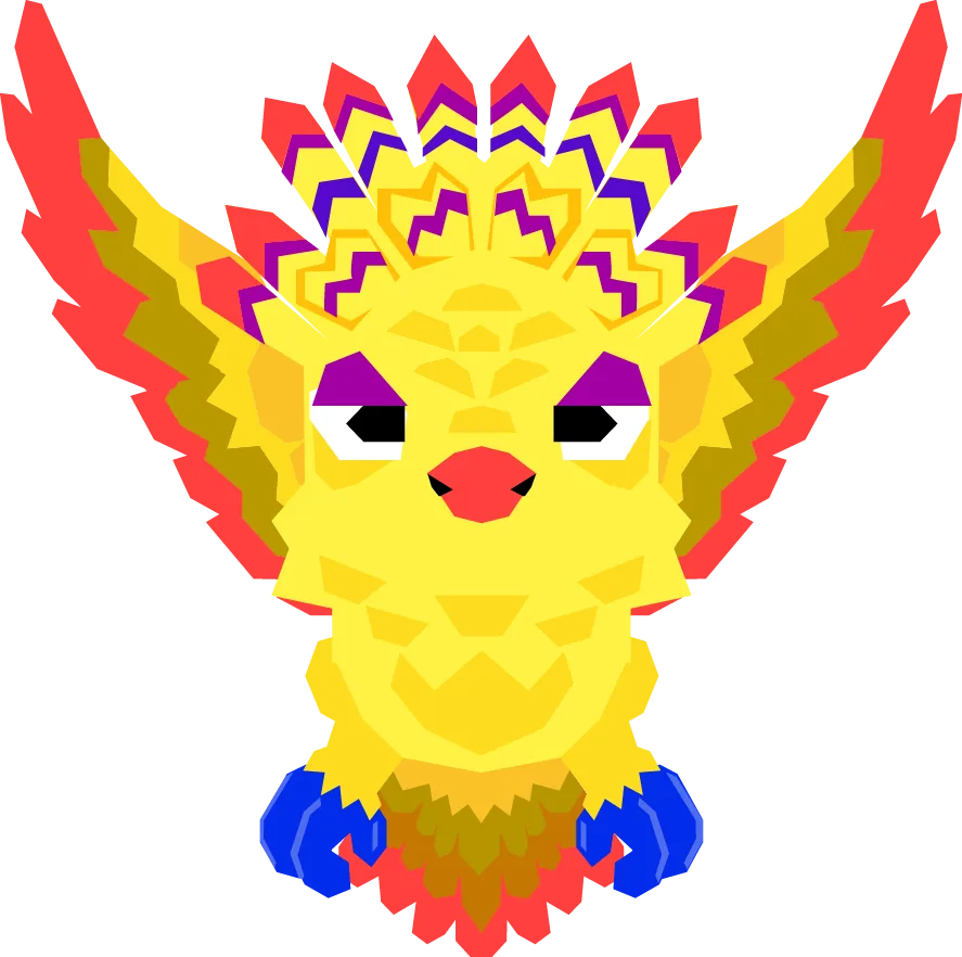 Bright yellow bird with a patterned crest, purple eyes and red and orange wings