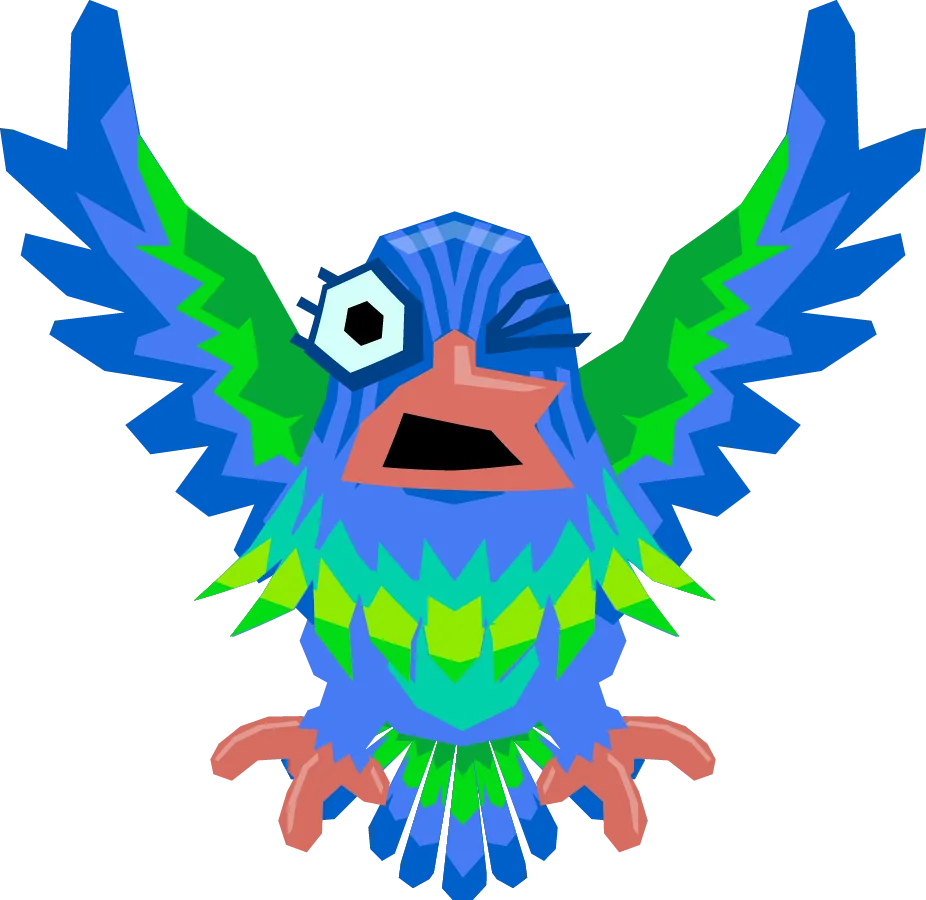 Blue and green bird winking with its beak open
