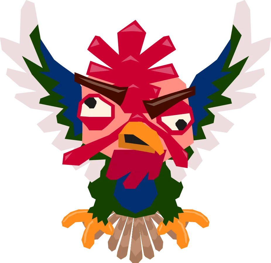 Red rooster character with an angry brow, red comb and dark green wings