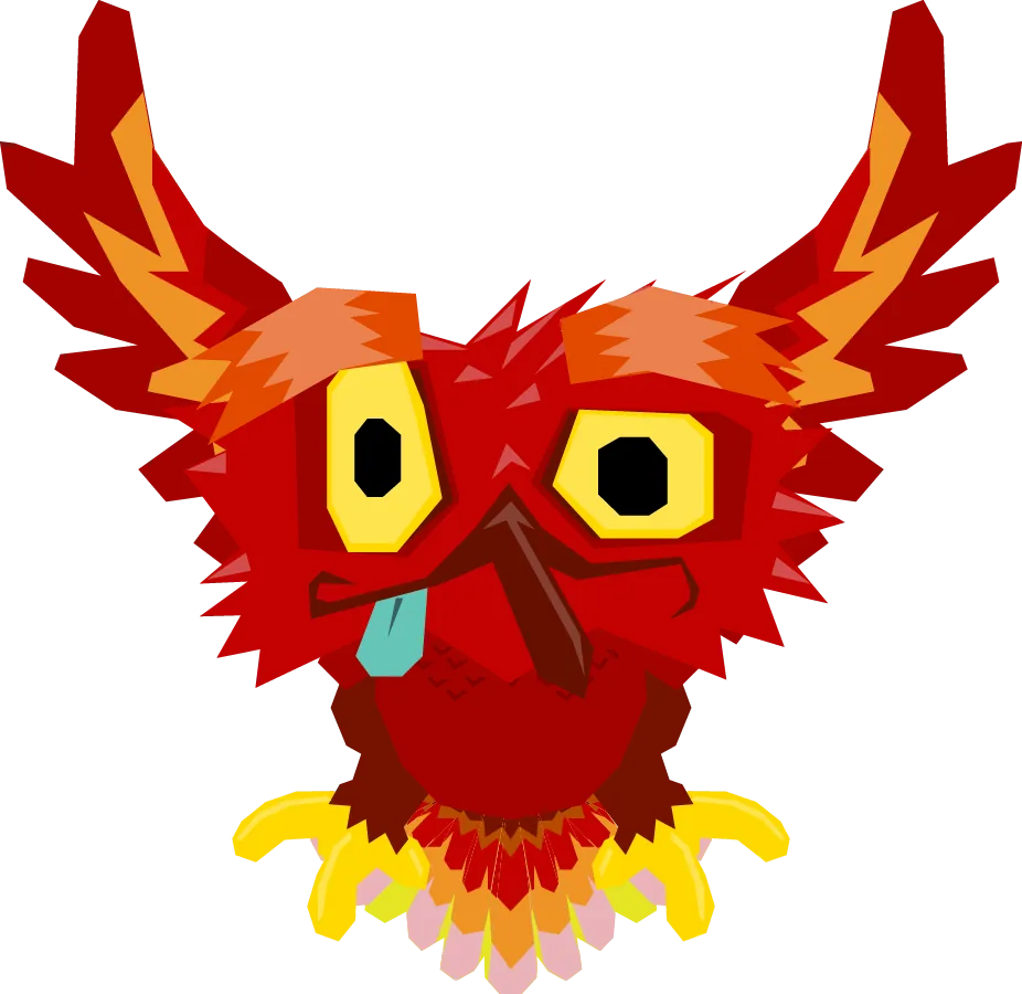 Red owl-like bird with yellow eyes and a goofy tongue sticking out