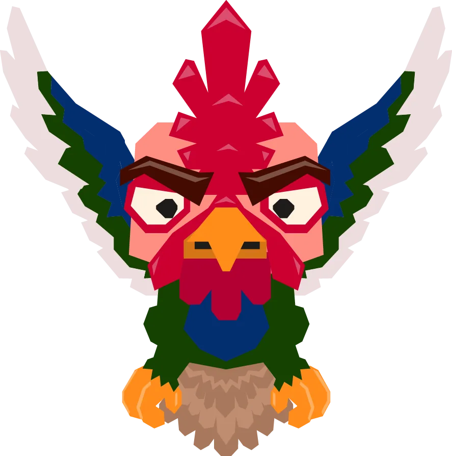 Red rooster character scowling, alternate frame
