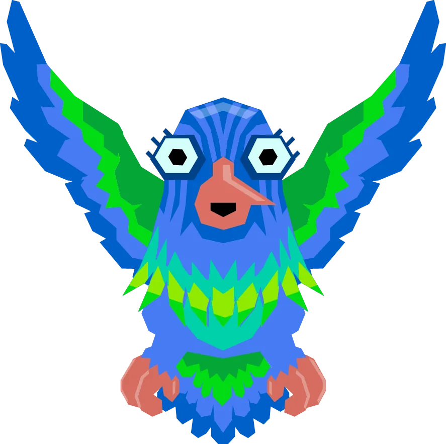 Blue and green bird with a small orange beak and curious round eyes