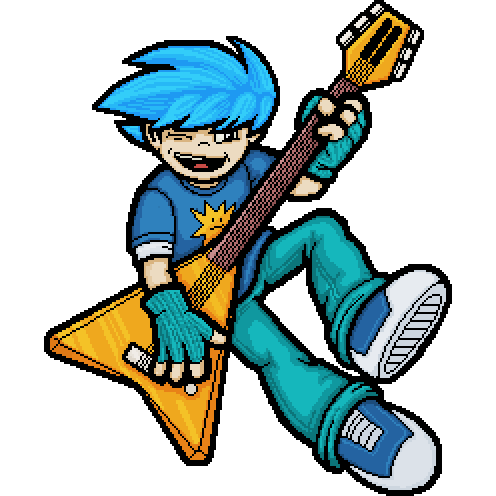 Pixel art character: a grinning rocker with spiky blue hair, teal pants and sneakers jumping with an orange flying V guitar