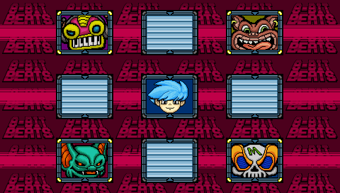 Level select grid on a red brick background with boss portraits in the corners and the hero in the center