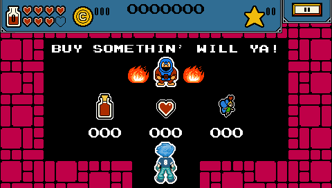Pixel shop screen reading Buy somethin will ya, with a hooded shopkeeper, torches and items for sale