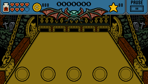 Rhythm game stage with an olive lane between dark stone pillars and a bat-winged boss gate