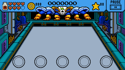 Icy blue rhythm game stage with a frozen lane, blue columns and a row of creatures guarding the far gate
