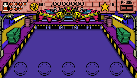 Purple warehouse stage variant with hazard striped edges and green crates