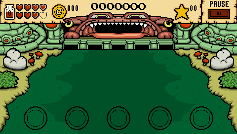 Jungle stage with a deep green lane, leafy bushes and rocks, and a toothy monster gate