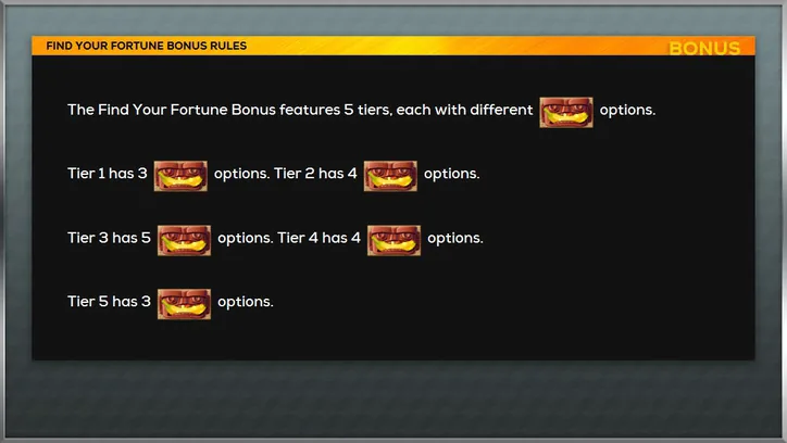 Find Your Fortune Bonus tiers, each with a different number of options