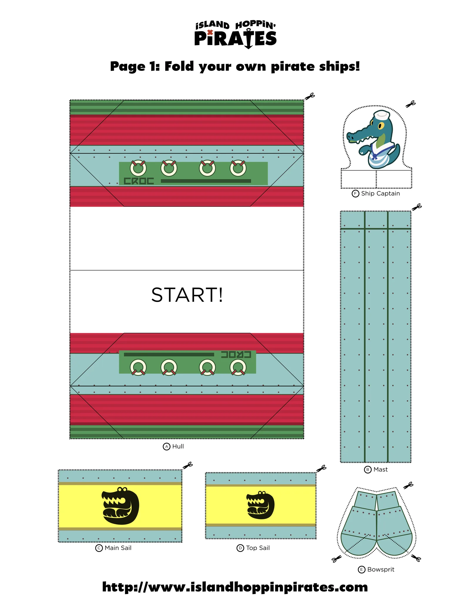 Page 1, Fold your own pirate ships: printable red, green and cream ship pieces with yellow skull flags and a START label