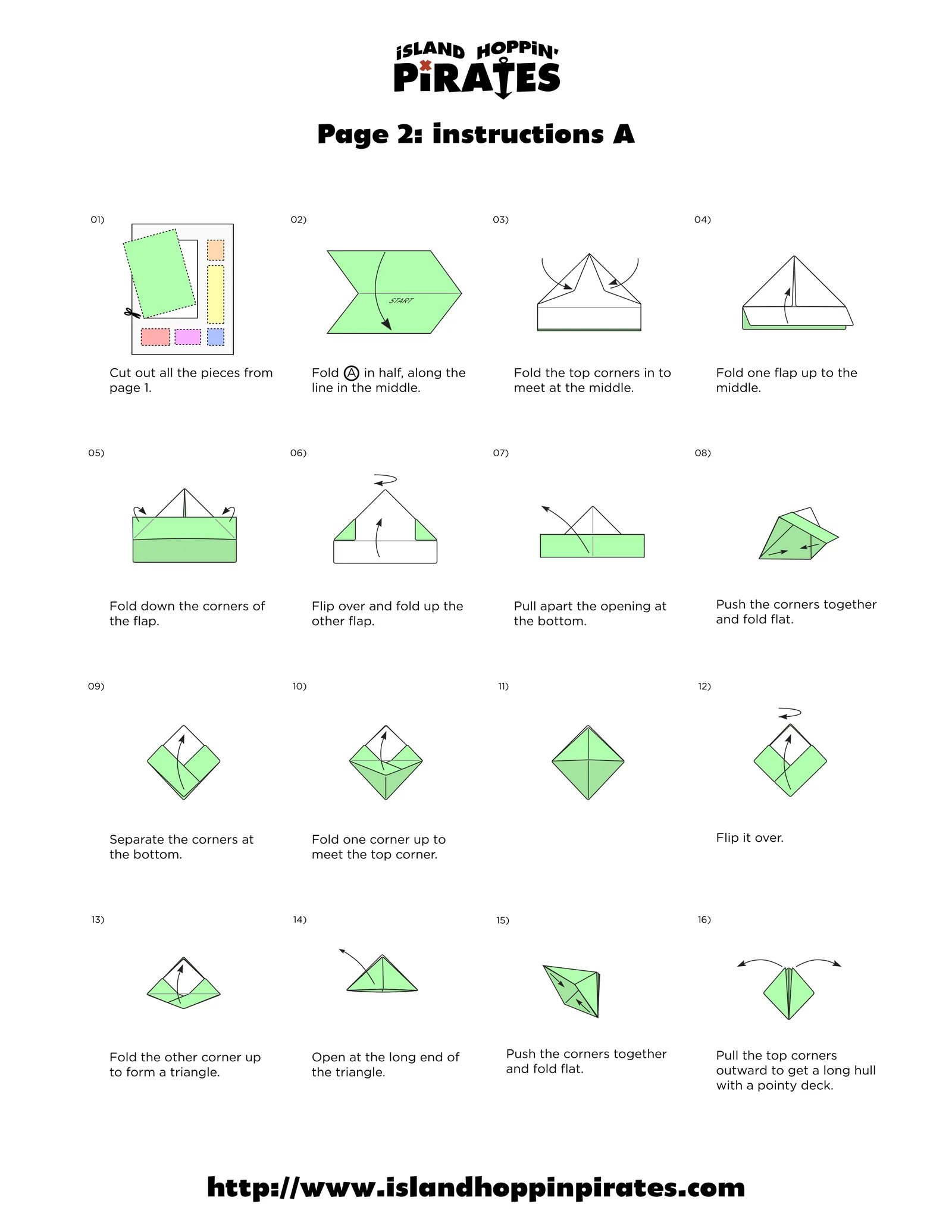 Page 2, Instructions A: illustrated step-by-step diagrams for folding the paper boat hull