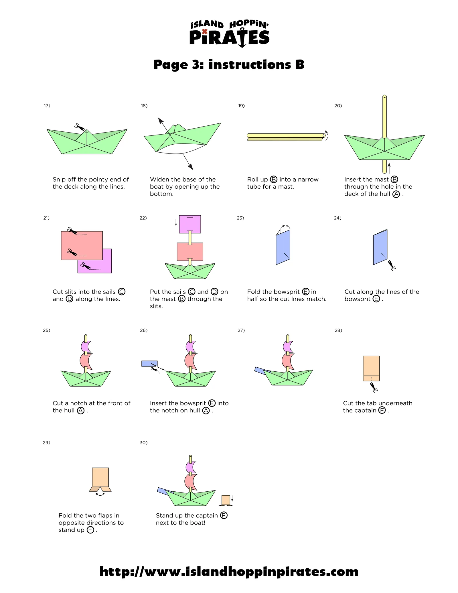 Page 3, Instructions B: steps for adding the mast, flag and sails to finish the pirate ship