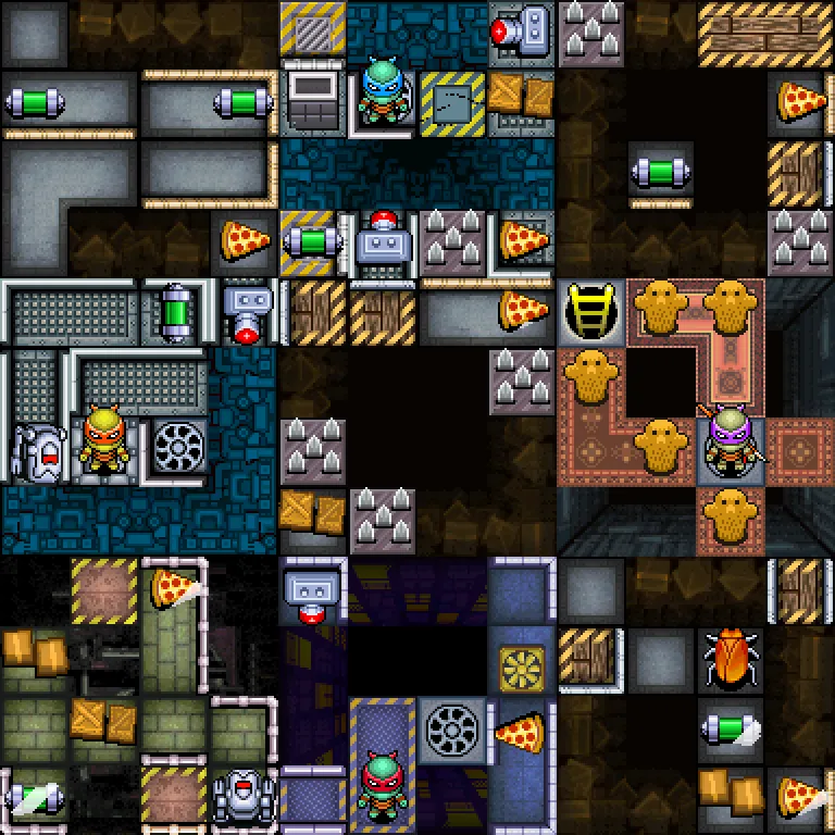 Composition of top-down pixel environments: sewer tunnels, lab rooms and warehouse floors with pizza, pickups and enemies