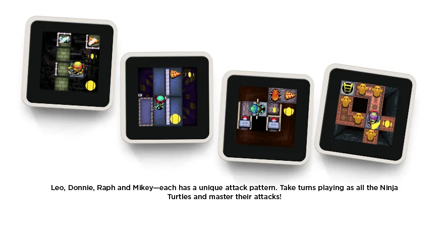Four Sifteo game cubes showing pixel level tiles, with a caption explaining that Leo, Donnie, Raph and Mikey each have a unique attack pattern